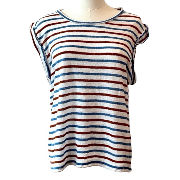 Veronica Beard 100% Linen Dree Muscle Tee Rust Blue Sleeveless Top Tank Chic XS - Picture 1 of 13
